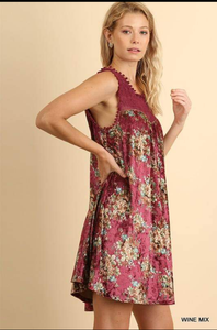 Wine floral velvet dress