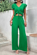 Load image into Gallery viewer, V-Neck Ruffle Hem Top and Slit Pants Set