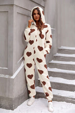 Load image into Gallery viewer, Fuzzy Heart Zip Up Hooded Lounge Jumpsuit