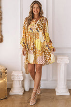 Load image into Gallery viewer, Patchwork Button Front Puff Sleeve Babydoll Dress