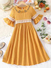 Load image into Gallery viewer, Lace Waistband Embroidery Round Neck Flounce Sleeve Dress