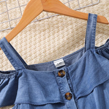 Load image into Gallery viewer, Girls Cold-Shoulder Buttoned Denim Dress