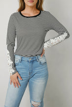 Load image into Gallery viewer, Striped Round Neck Long Sleeve Lace Trim T-Shirt