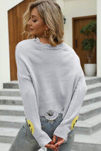 Load image into Gallery viewer, Smiley Face Distressed Round Neck Sweater