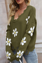 Load image into Gallery viewer, Flower Distressed Ribbed Trim Sweater
