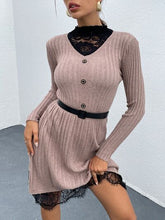 Load image into Gallery viewer, Lace Detail Decorative Button Long Sleeve Sweater Dress