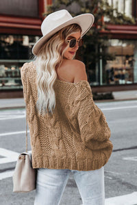 Cable-Knit Boat Neck Drop Shoulder Sweater