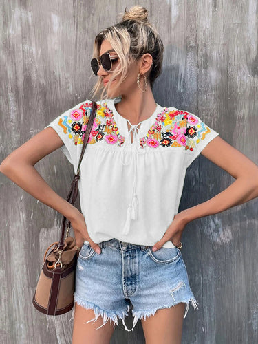 Printed Notched Neck Short Sleeve Blouse