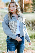 Load image into Gallery viewer, Plus Size Leopard Raw Hem Distressed Spliced Denim Jacket