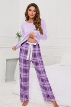 Load image into Gallery viewer, Round Neck Long Sleeve Top and Bow Plaid Pants Lounge Set