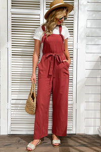 Tie-Waist Wide Leg Overalls with Pockets
