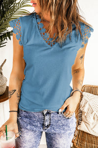 Lace Trim V-Neck Capped Sleeve Top
