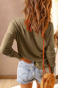 Half Button Waffle Knit Long Sleeve Top