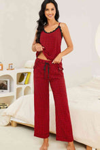 Load image into Gallery viewer, Plaid Lace Trim Cami and Drawstring Pants Pajama Set