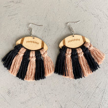 Load image into Gallery viewer, Fringe Detail Football Shape Wooden Dangle Earrings