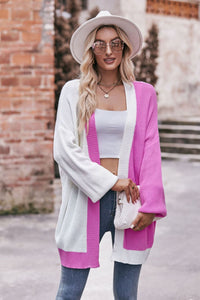 Woven Right Contrast Open Front Dropped Shoulder Longline Cardigan