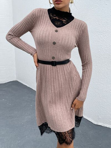 Lace Detail Decorative Button Long Sleeve Sweater Dress