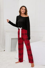 Load image into Gallery viewer, Round Neck Long Sleeve Top and Bow Plaid Pants Lounge Set