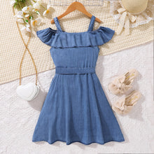 Load image into Gallery viewer, Girls Cold-Shoulder Buttoned Denim Dress