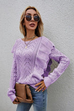 Load image into Gallery viewer, Openwork Round Neck Ruffled Sweater
