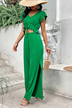 Load image into Gallery viewer, V-Neck Ruffle Hem Top and Slit Pants Set