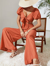 Load image into Gallery viewer, Tie Front Cropped Top and Smocked Wide Leg Pants Set