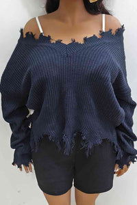Plus Size Fringe V-Neck Raglan Sleeve Sweater