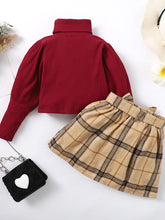 Load image into Gallery viewer, Turtle Neck Long Sleeve Ribbed Top and Plaid Skirt Set