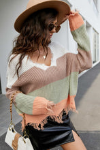 Load image into Gallery viewer, Striped Fringe Trim V-Neck Sweater