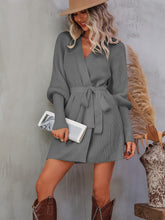 Load image into Gallery viewer, Belted Surplice Lantern Sleeve Wrap Sweater Dress